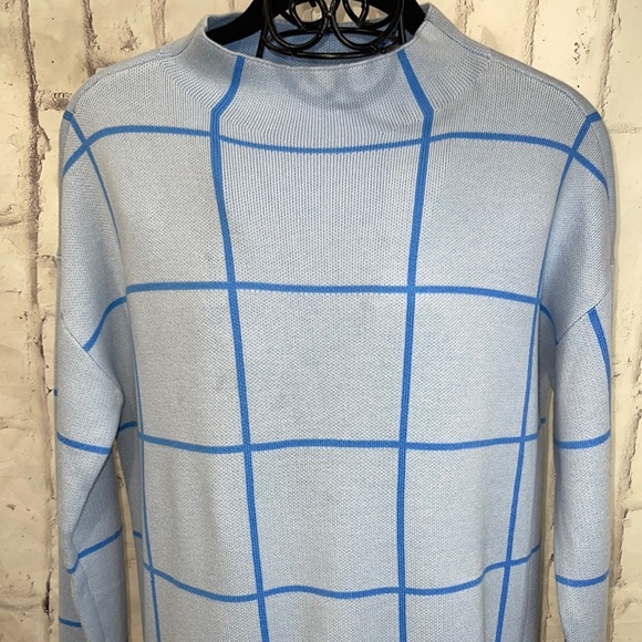 Loft Mock Neck Tunic Sweater Dark Blue on Light Blue Window Pane Plaid - Picture 2 of 9